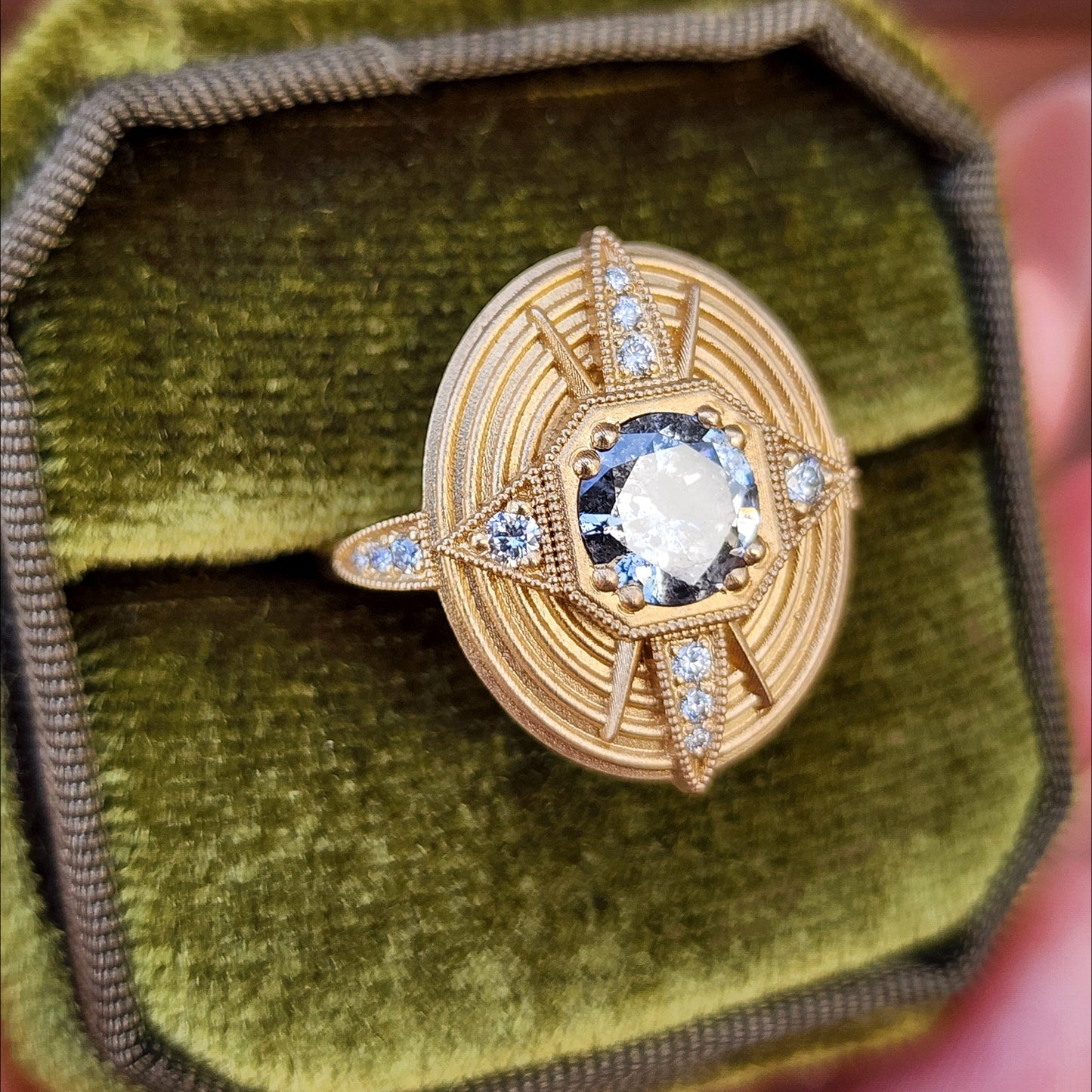 Art Deco Compass Ring with Salt & Pepper Diamond Center and White Diamonds - Sandblasted 14k Yellow Gold image 4