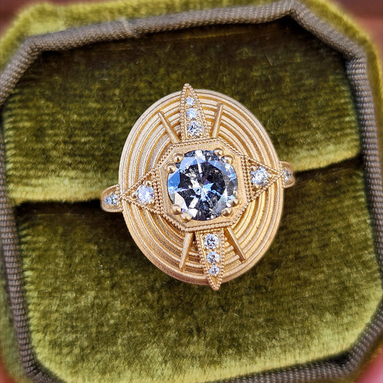 Art Deco Compass Ring with Salt & Pepper Diamond Center and White Diamonds - Sandblasted 14k Yellow Gold image 3