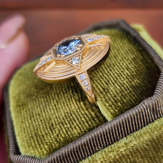 Art Deco Compass Ring with Salt & Pepper Diamond Center and White Diamonds - Sandblasted 14k Yellow Gold image 