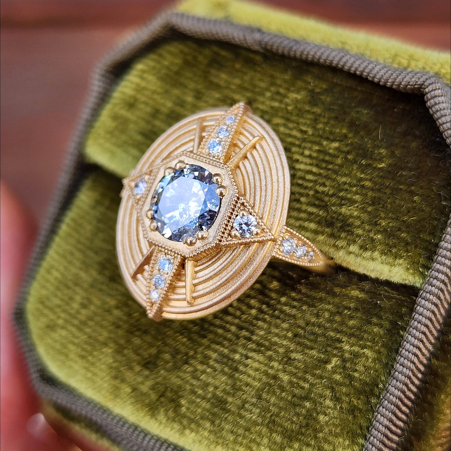 Art Deco Compass Ring with Salt & Pepper Diamond Center and White Diamonds - Sandblasted 14k Yellow Gold image 6