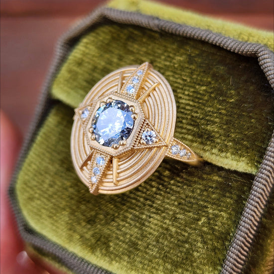 Art Deco Compass Ring with Salt & Pepper Diamond Center and White Diamonds - Sandblasted 14k Yellow Gold image 6