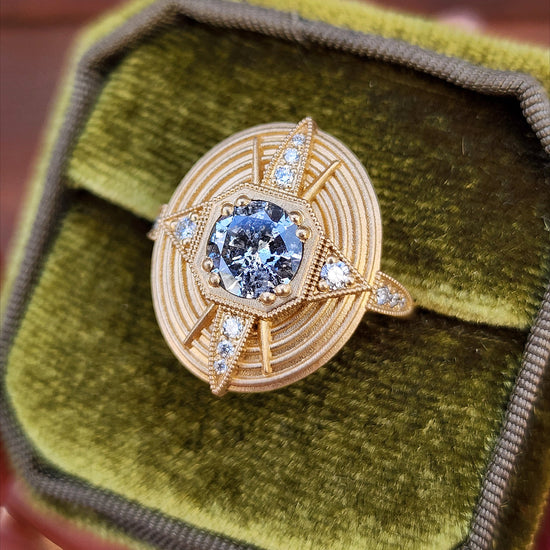 Art Deco Compass Ring with Salt & Pepper Diamond Center and White Diamonds - Sandblasted 14k Yellow Gold image 7