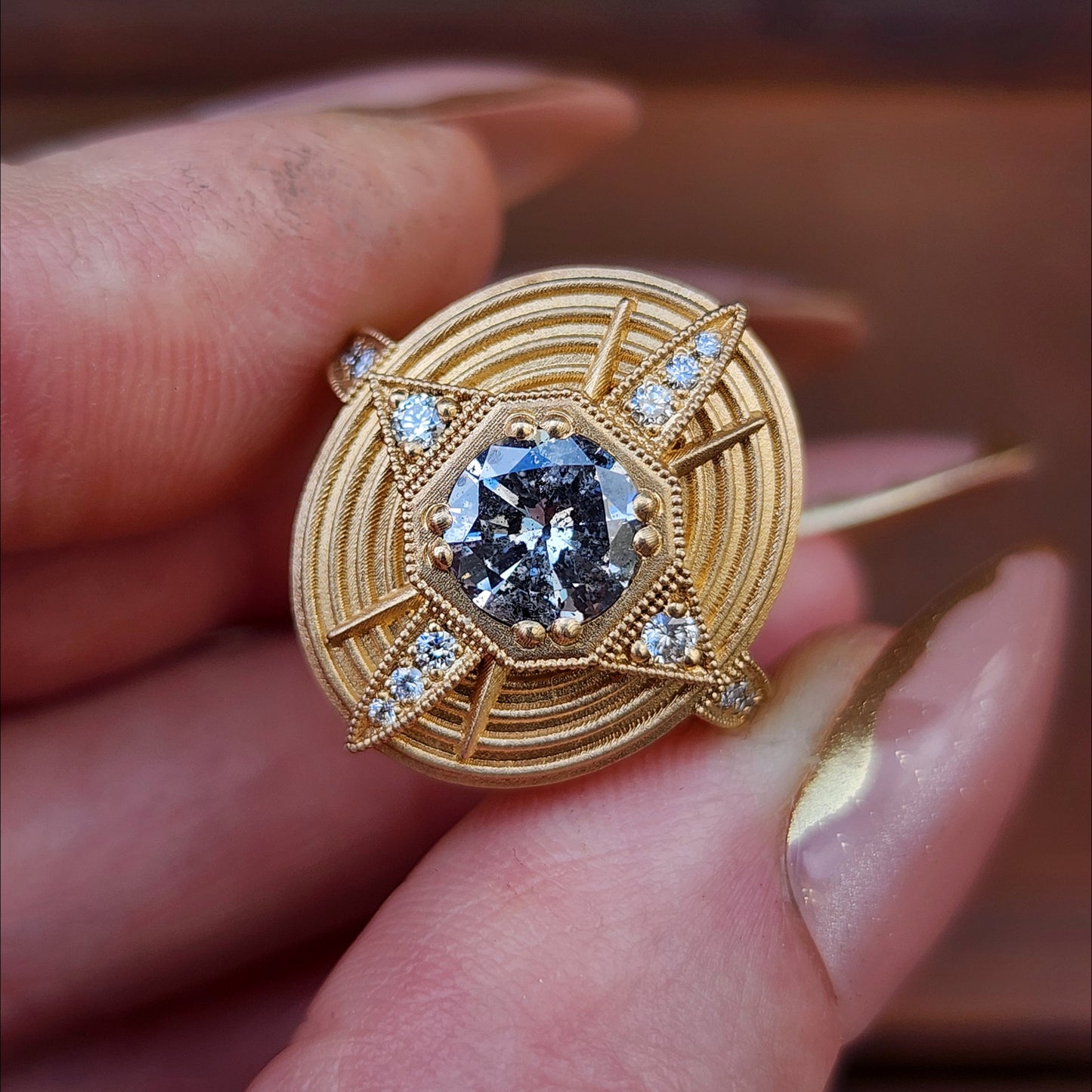 Art Deco Compass Ring with Salt & Pepper Diamond Center and White Diamonds - Sandblasted 14k Yellow Gold image 1