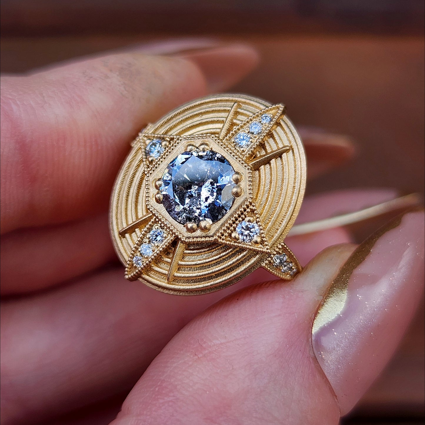 Art Deco Compass Ring with Salt & Pepper Diamond Center and White Diamonds - Sandblasted 14k Yellow Gold image 8
