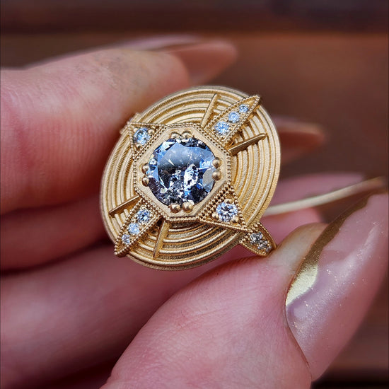 Art Deco Compass Ring with Salt & Pepper Diamond Center and White Diamonds - Sandblasted 14k Yellow Gold image 8