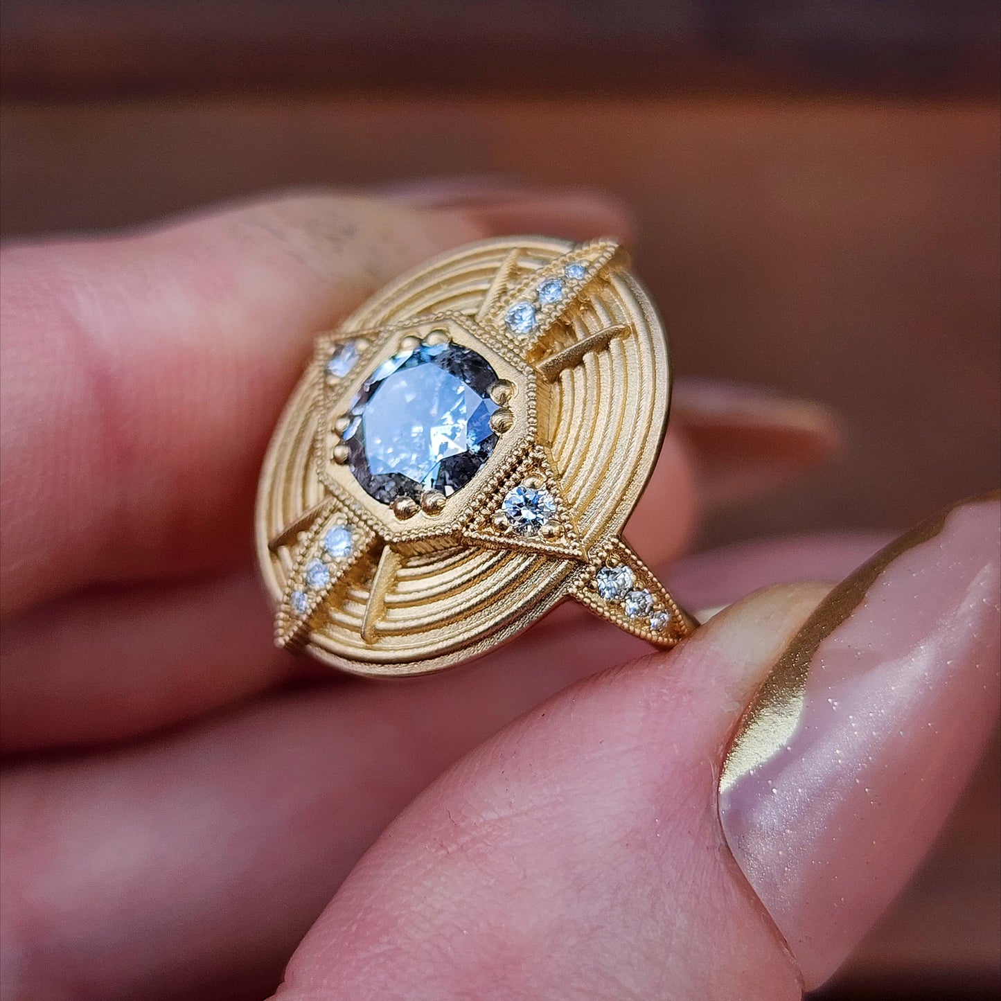 Art Deco Compass Ring with Salt & Pepper Diamond Center and White Diamonds - Sandblasted 14k Yellow Gold image 9