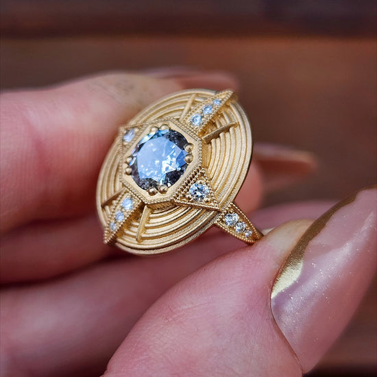 Art Deco Compass Ring with Salt & Pepper Diamond Center and White Diamonds - Sandblasted 14k Yellow Gold image 9