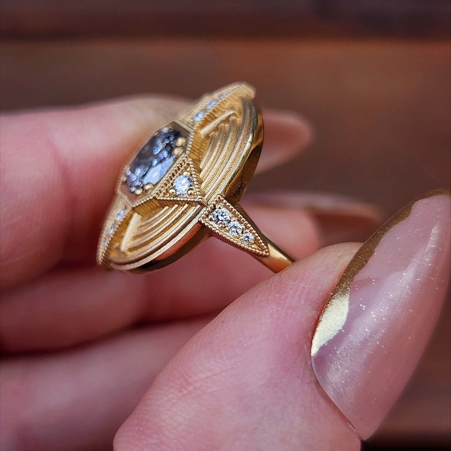Art Deco Compass Ring with Salt & Pepper Diamond Center and White Diamonds - Sandblasted 14k Yellow Gold image 10