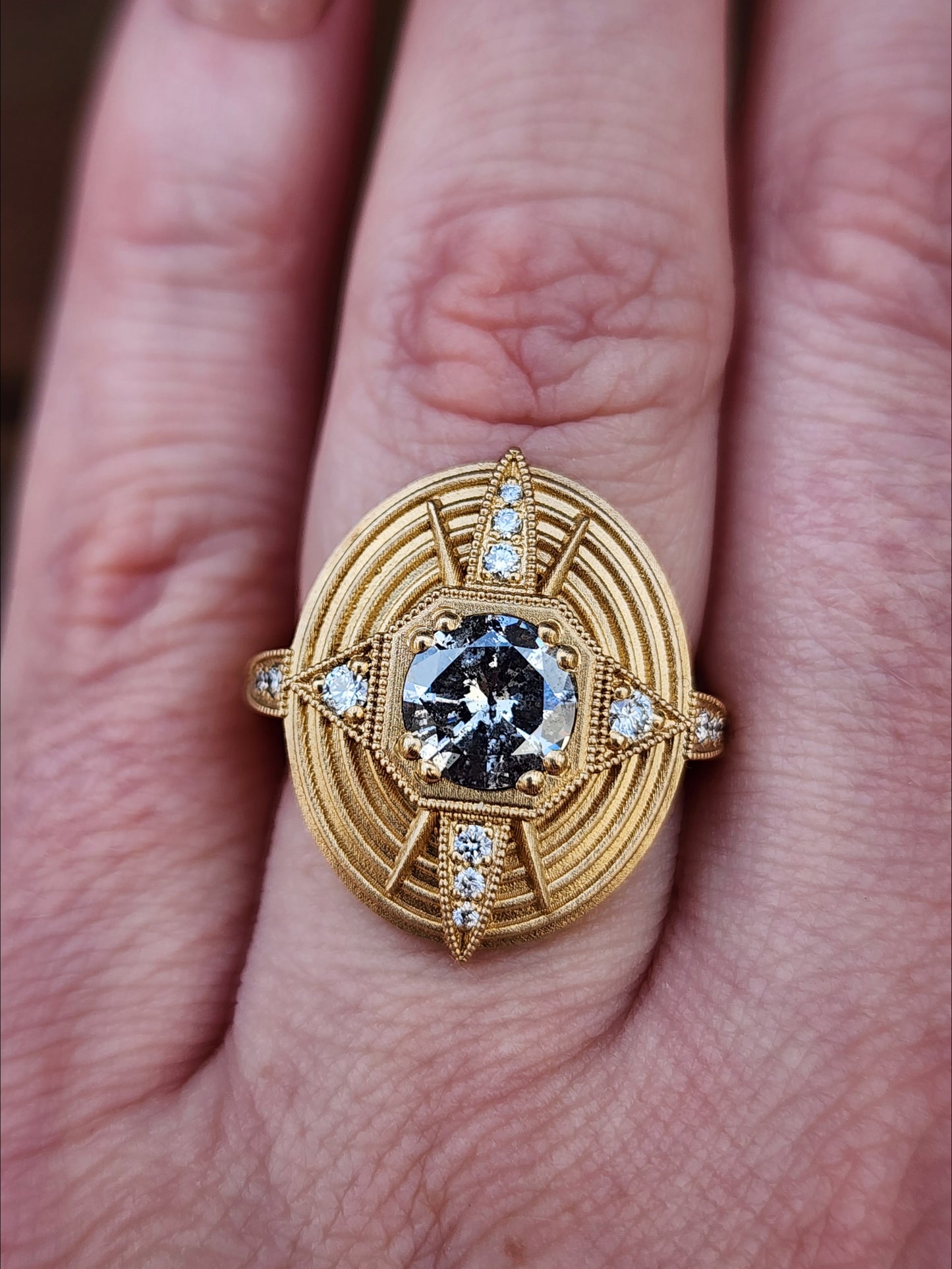 Art Deco Compass Ring with Salt & Pepper Diamond Center and White Diamonds - Sandblasted 14k Yellow Gold image 11