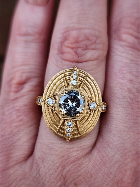 Art Deco Compass Ring with Salt & Pepper Diamond Center and White Diamonds - Sandblasted 14k Yellow Gold image 11