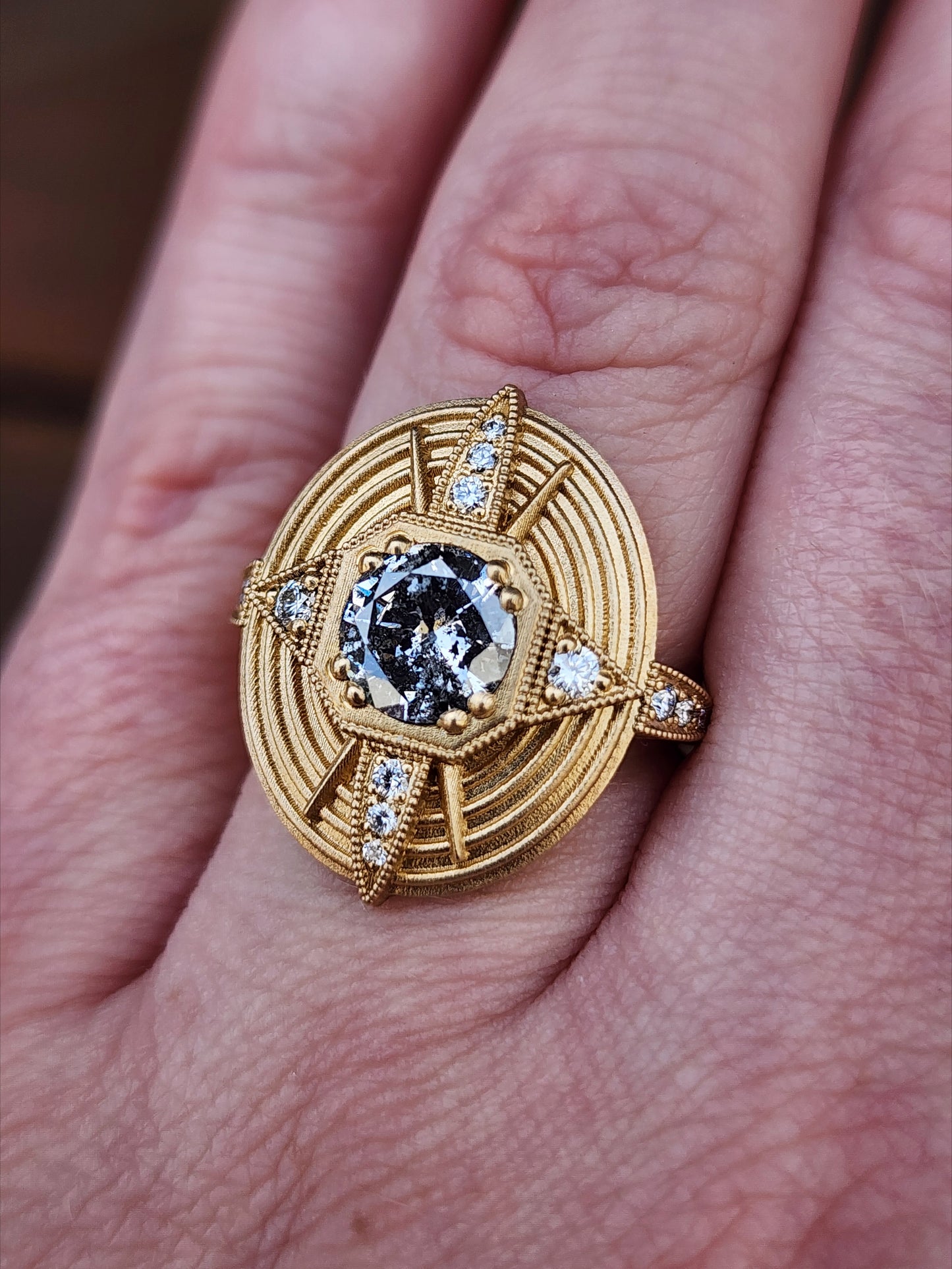 Art Deco Compass Ring with Salt & Pepper Diamond Center and White Diamonds - Sandblasted 14k Yellow Gold image 12