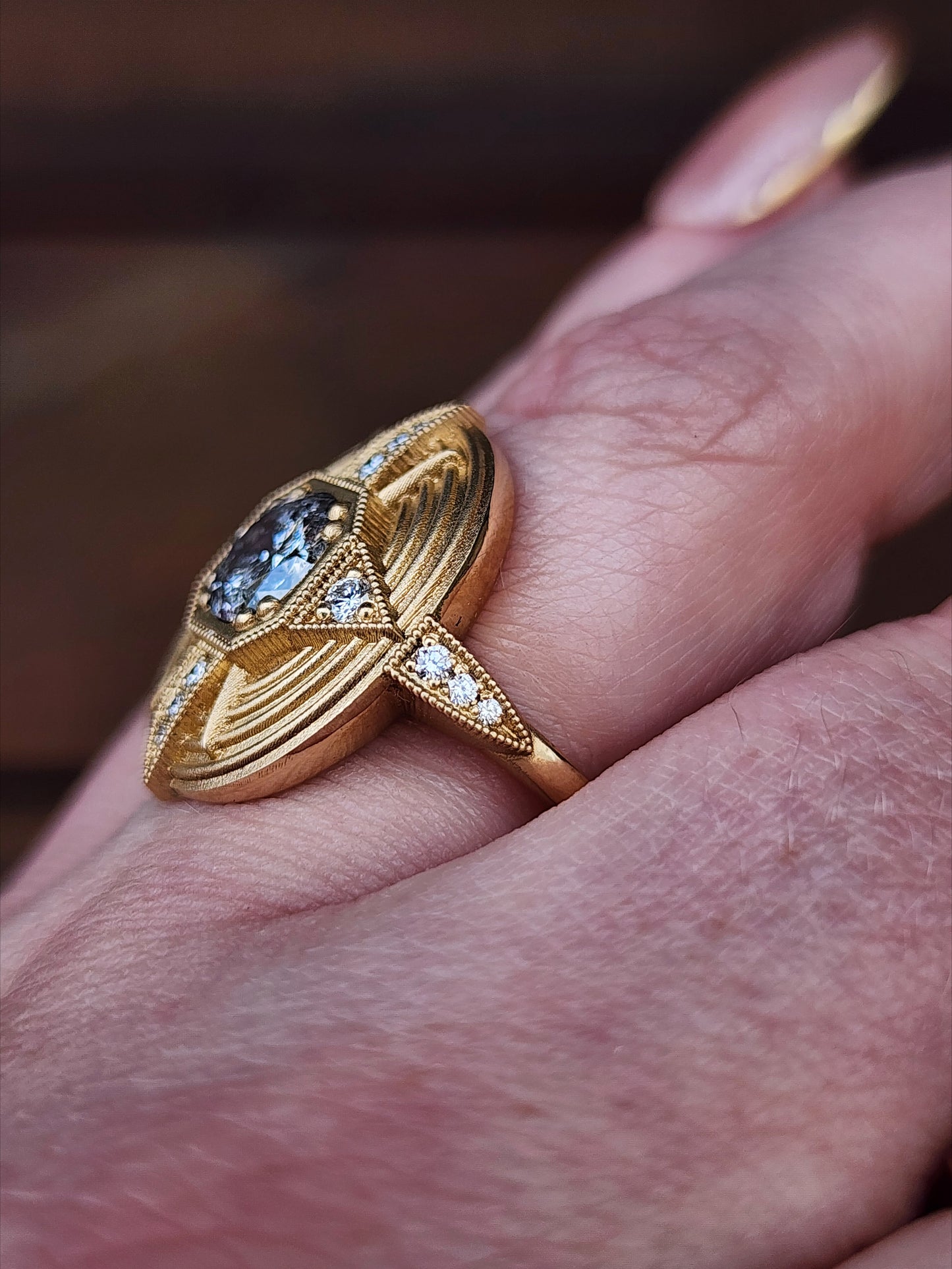 Art Deco Compass Ring with Salt & Pepper Diamond Center and White Diamonds - Sandblasted 14k Yellow Gold image 13