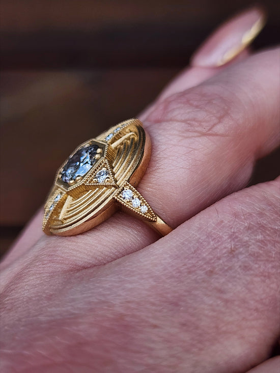 Art Deco Compass Ring with Salt & Pepper Diamond Center and White Diamonds - Sandblasted 14k Yellow Gold image 13