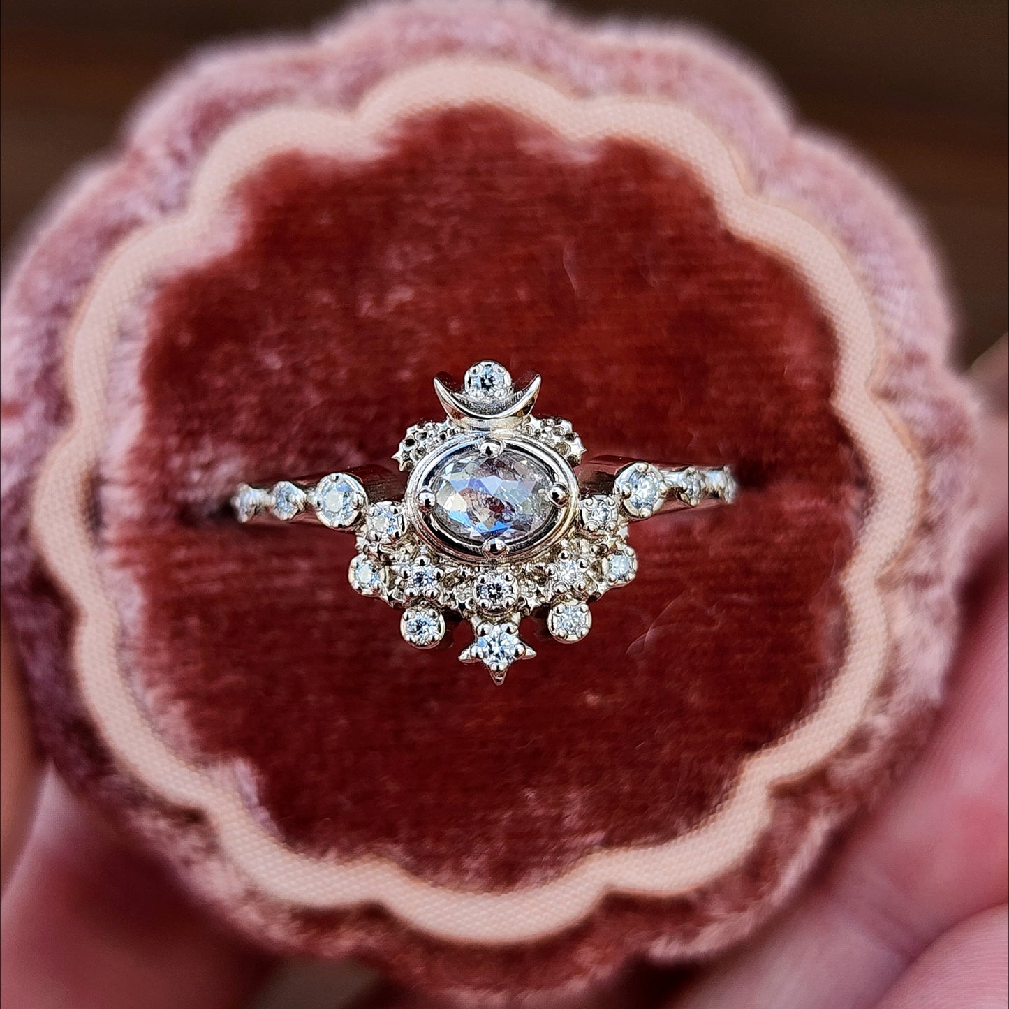 Rose Cut Oval Diamond Moon Witch Engagement Ring  - 14k Palladium White Gold image 1