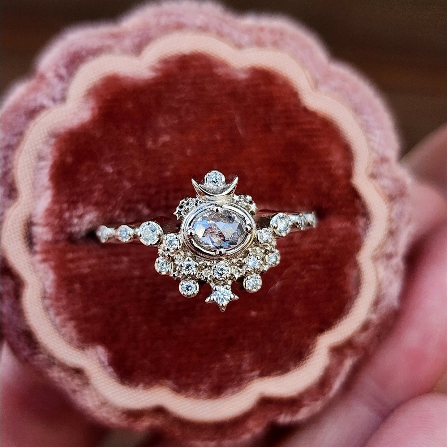 Rose Cut Oval Diamond Moon Witch Engagement Ring  - 14k Palladium White Gold image 3