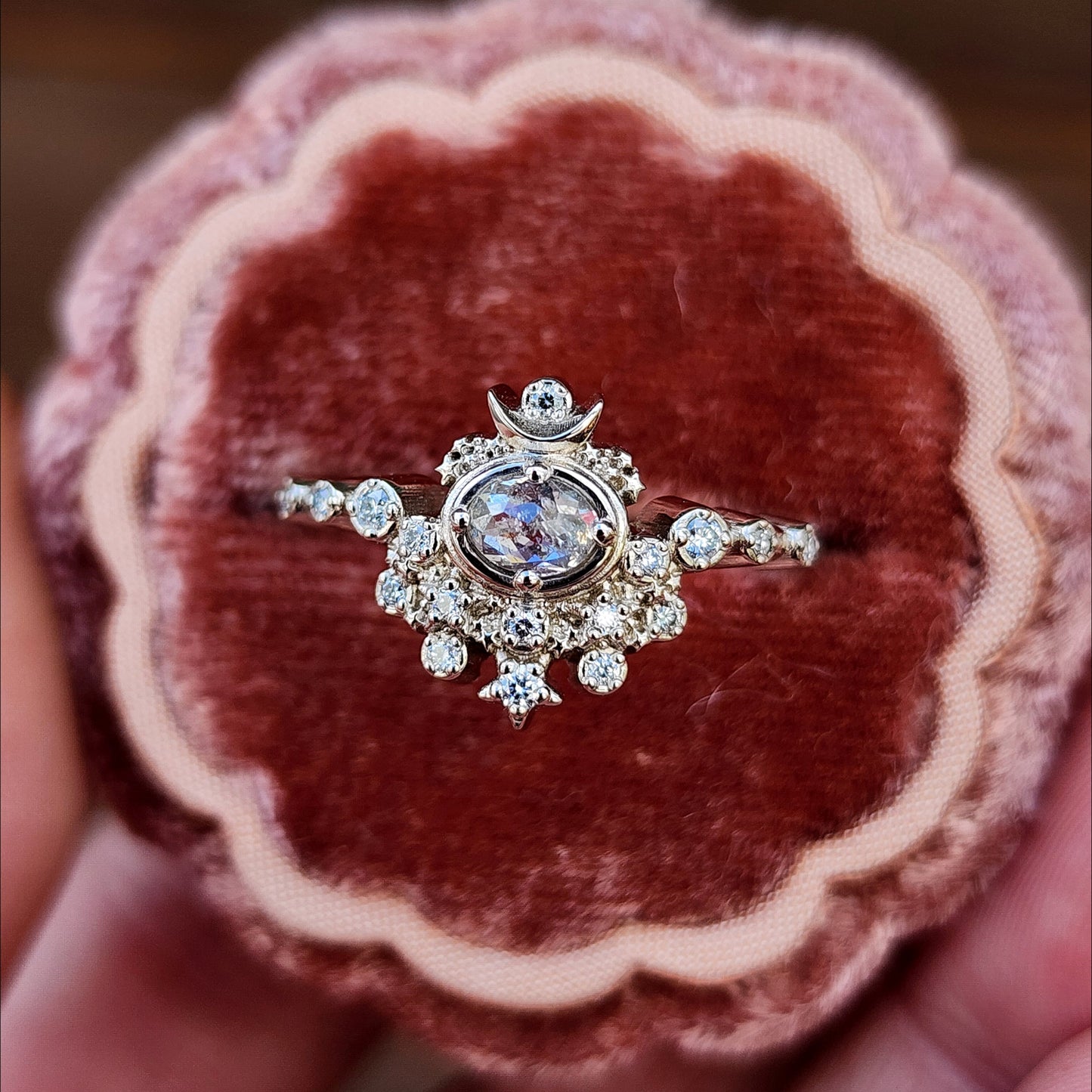 Rose Cut Oval Diamond Moon Witch Engagement Ring  - 14k Palladium White Gold image 5