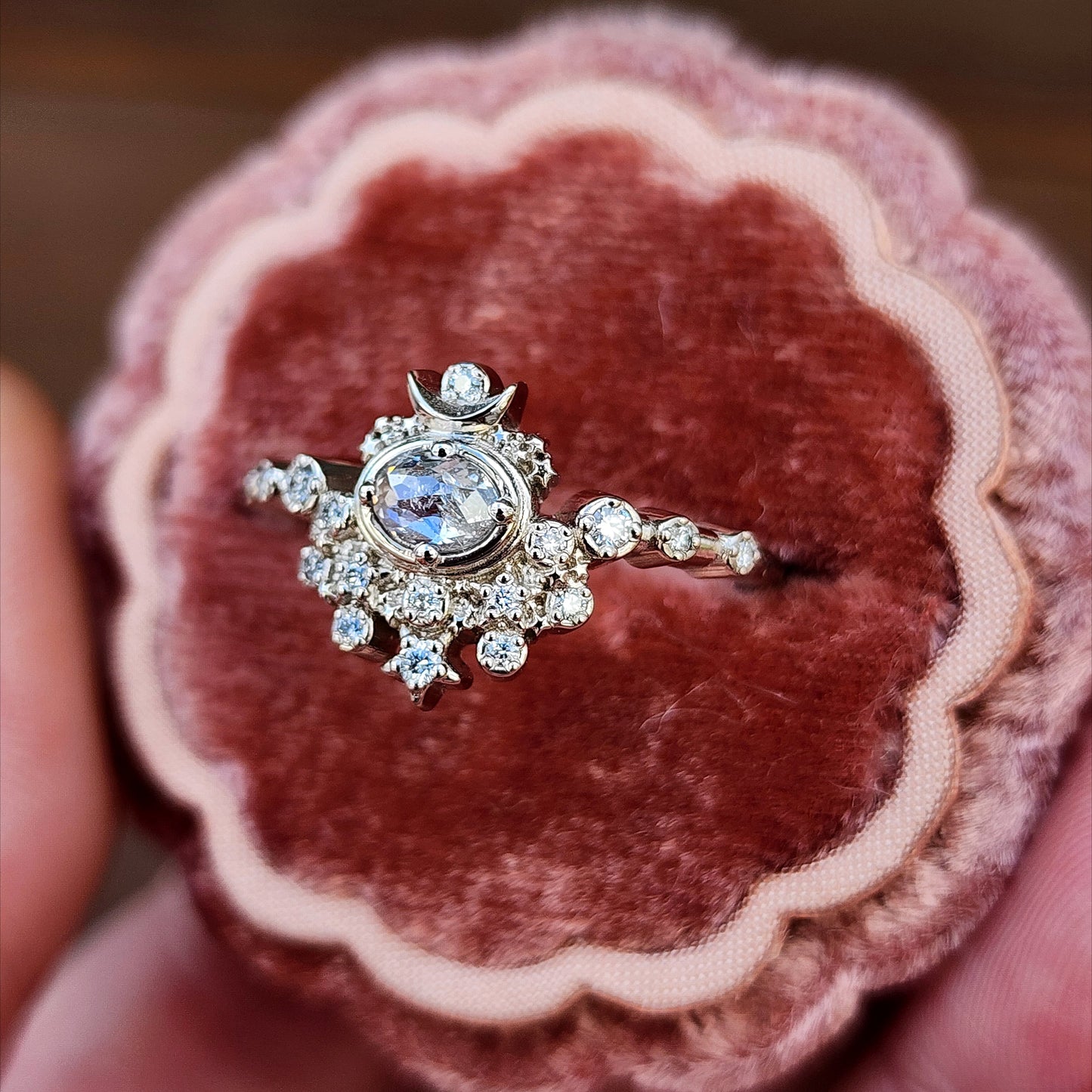 Rose Cut Oval Diamond Moon Witch Engagement Ring  - 14k Palladium White Gold image 6