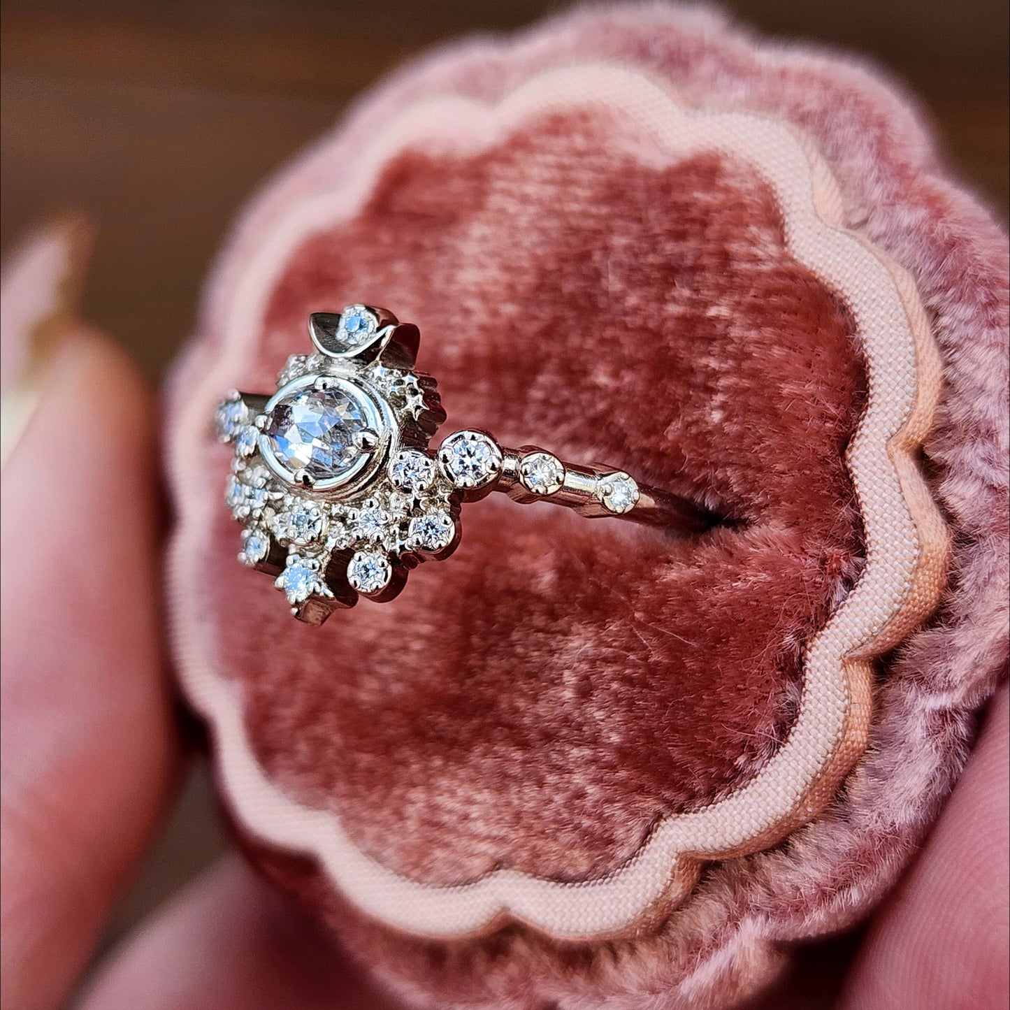 Rose Cut Oval Diamond Moon Witch Engagement Ring  - 14k Palladium White Gold image 7