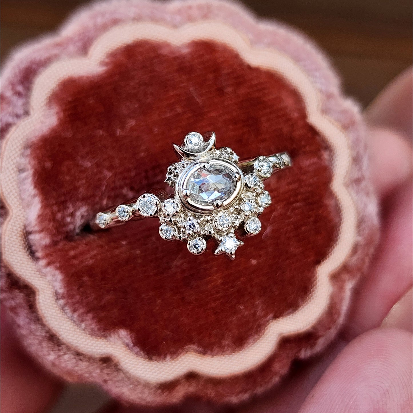 Rose Cut Oval Diamond Moon Witch Engagement Ring  - 14k Palladium White Gold image 8