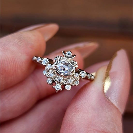 Rose Cut Oval Diamond Moon Witch Engagement Ring  - 14k Palladium White Gold image 2