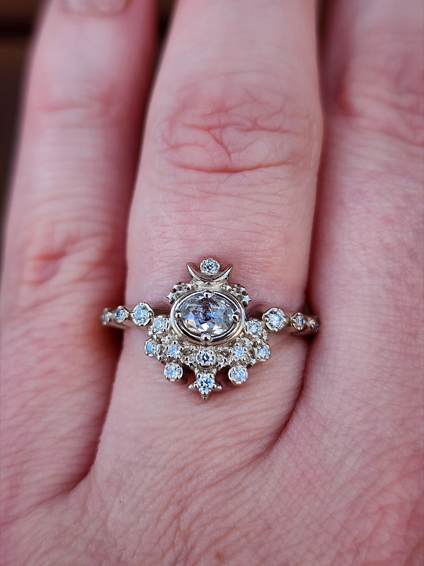 Rose Cut Oval Diamond Moon Witch Engagement Ring  - 14k Palladium White Gold image 9