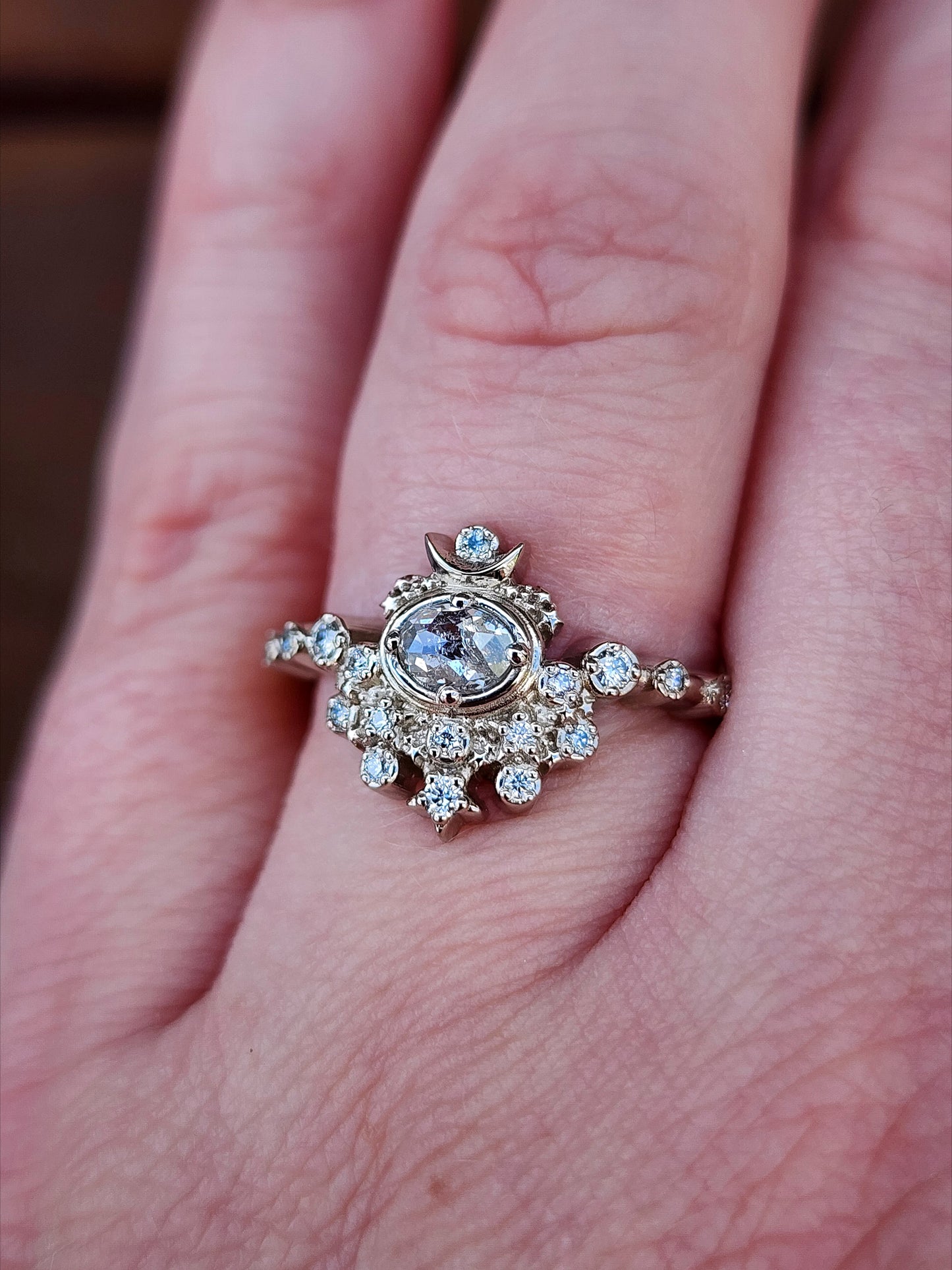 Rose Cut Oval Diamond Moon Witch Engagement Ring  - 14k Palladium White Gold image 10