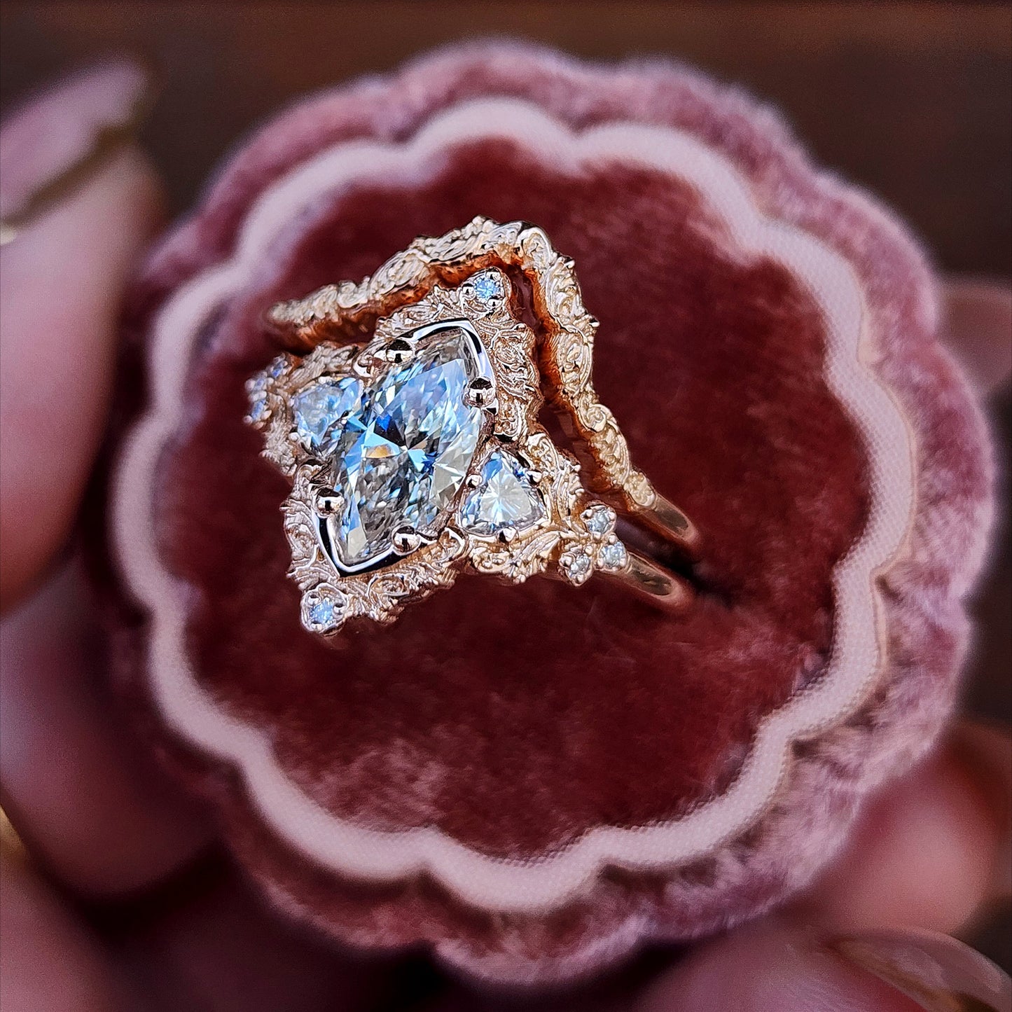 1.06ct Marquise Lab Diamond Delilah Engagement Ring with Trillion Side Stones and Wedding Band - 14k Rose Gold image 5