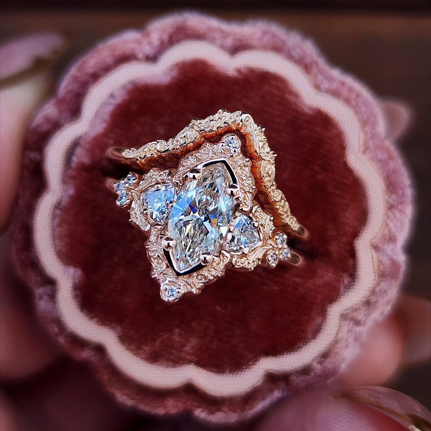 1.06ct Marquise Lab Diamond Delilah Engagement Ring with Trillion Side Stones and Wedding Band - 14k Rose Gold image 4