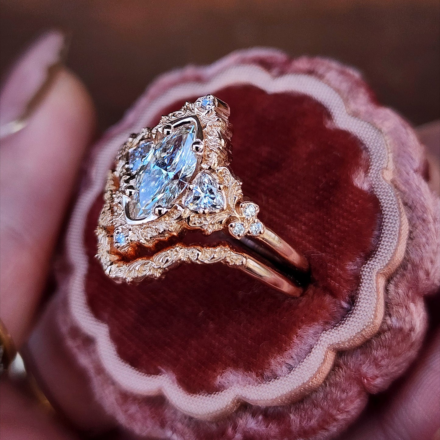 1.06ct Marquise Lab Diamond Delilah Engagement Ring with Trillion Side Stones and Wedding Band - 14k Rose Gold image 6