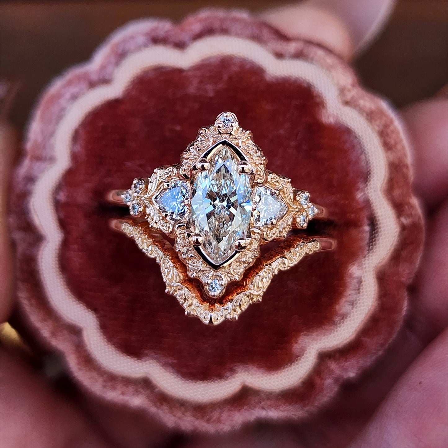 1.06ct Marquise Lab Diamond Delilah Engagement Ring with Trillion Side Stones and Wedding Band - 14k Rose Gold image 1