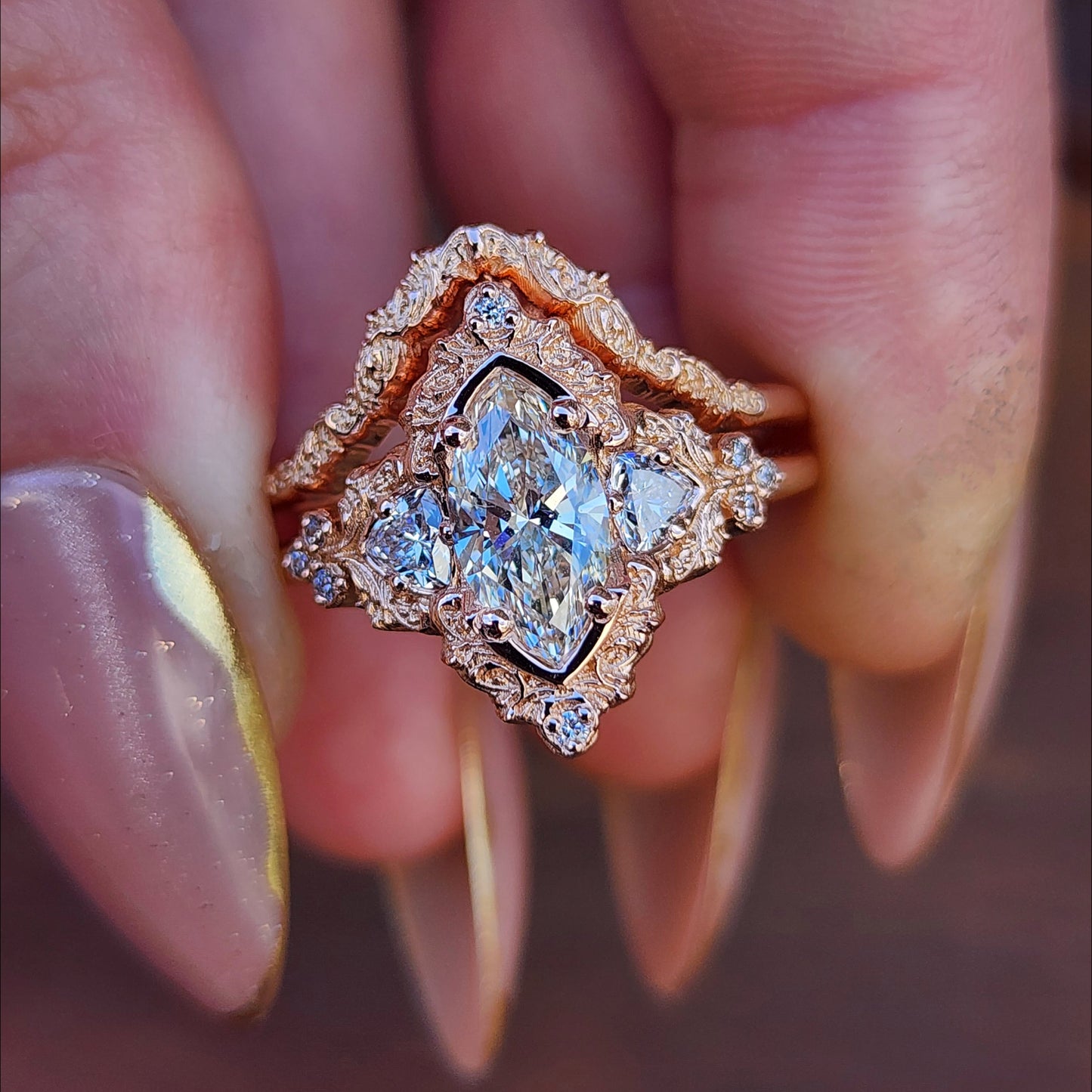 1.06ct Marquise Lab Diamond Delilah Engagement Ring with Trillion Side Stones and Wedding Band - 14k Rose Gold image 2