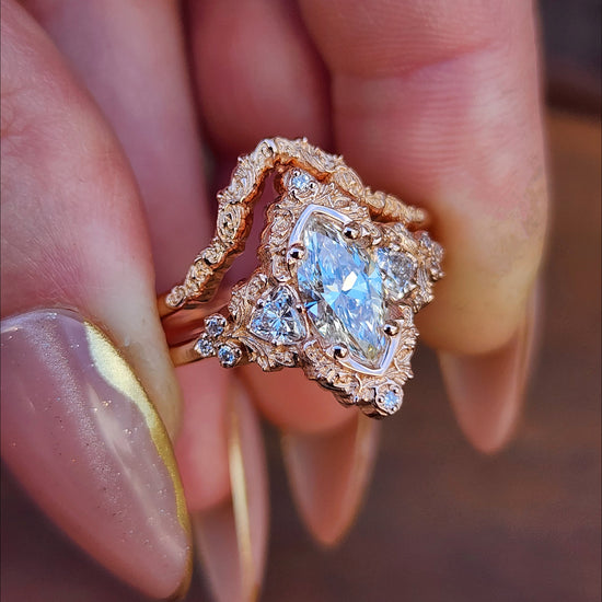 1.06ct Marquise Lab Diamond Delilah Engagement Ring with Trillion Side Stones and Wedding Band - 14k Rose Gold image 7