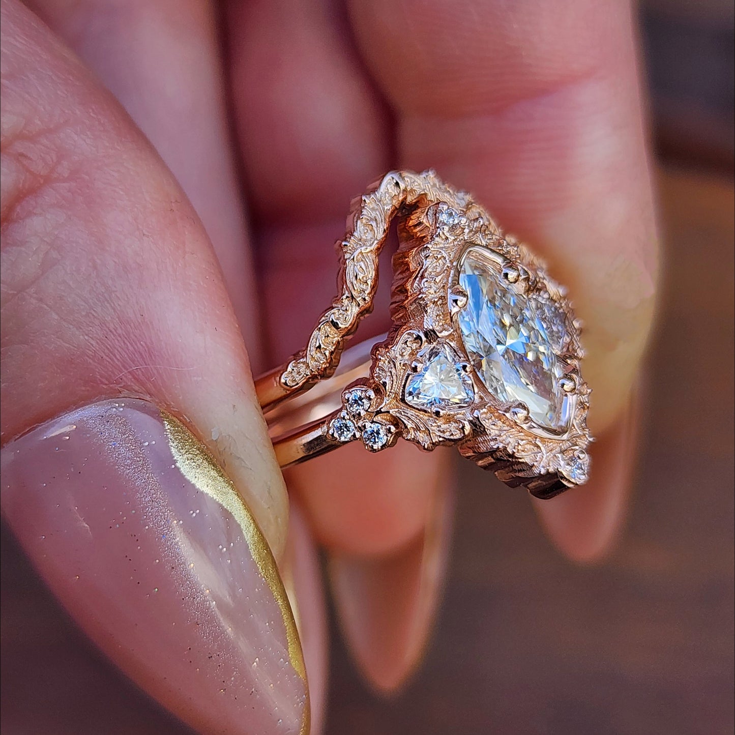 1.06ct Marquise Lab Diamond Delilah Engagement Ring with Trillion Side Stones and Wedding Band - 14k Rose Gold image 8