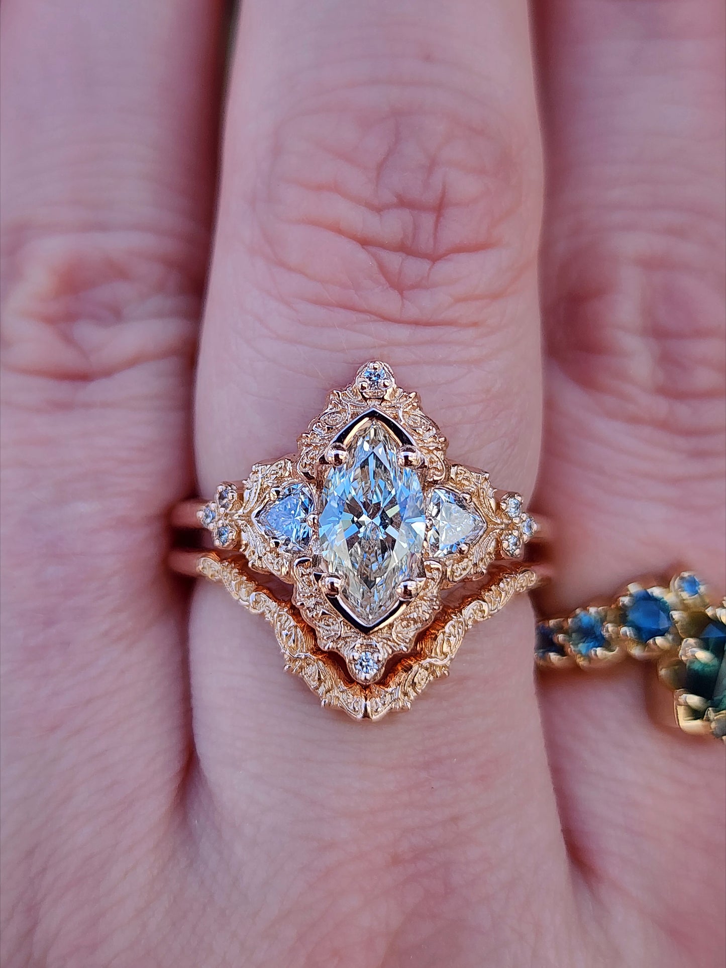 1.06ct Marquise Lab Diamond Delilah Engagement Ring with Trillion Side Stones and Wedding Band - 14k Rose Gold image 9