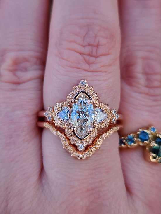 1.06ct Marquise Lab Diamond Delilah Engagement Ring with Trillion Side Stones and Wedding Band - 14k Rose Gold image 9