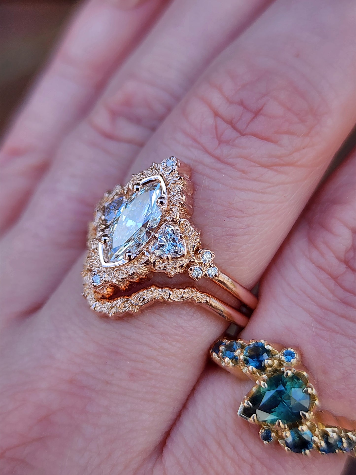 1.06ct Marquise Lab Diamond Delilah Engagement Ring with Trillion Side Stones and Wedding Band - 14k Rose Gold image 10