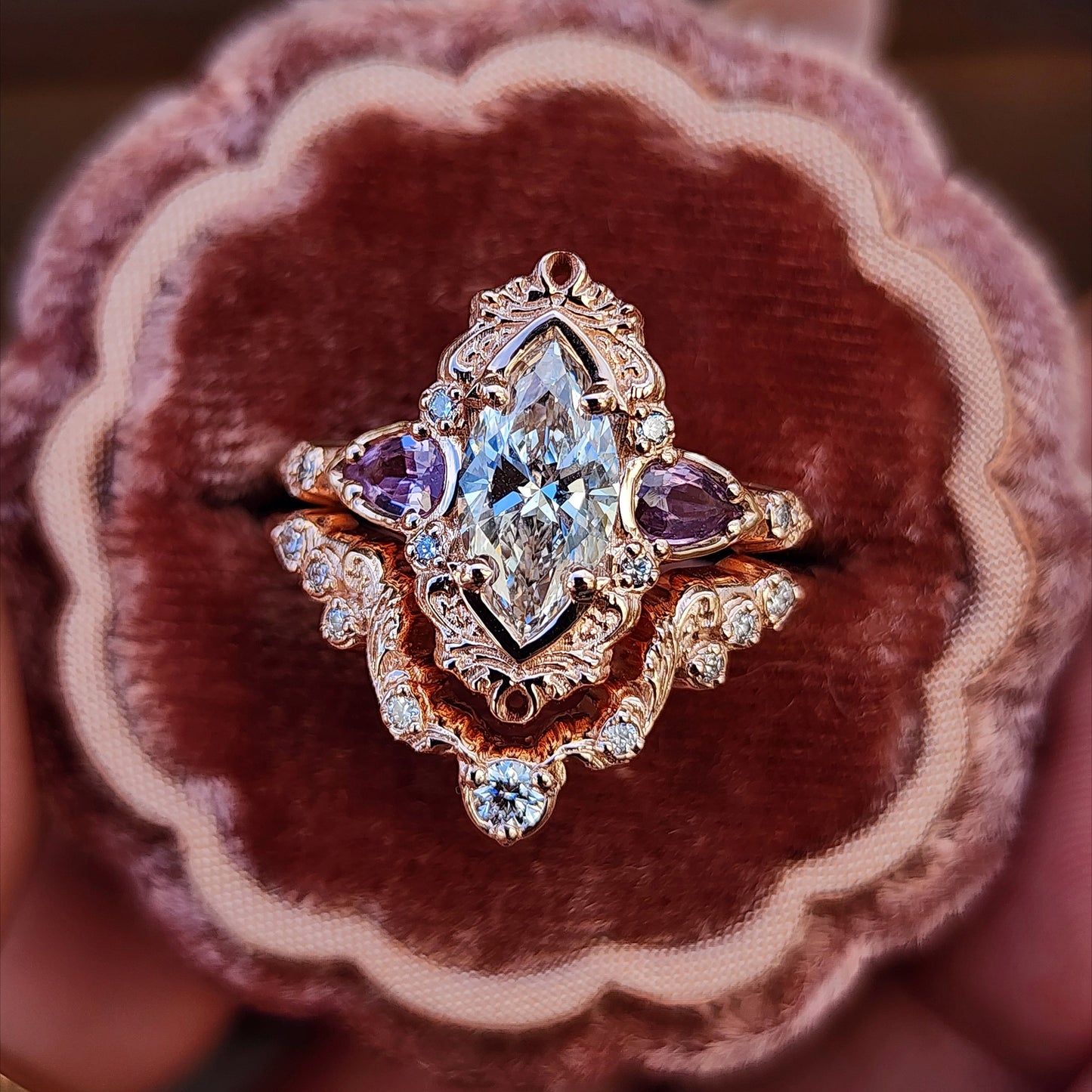 1.04ct Marquise Diamond Odette Engagement Ring Set with Pear Light Purple Sapphires - 14k Rose Gold image 2