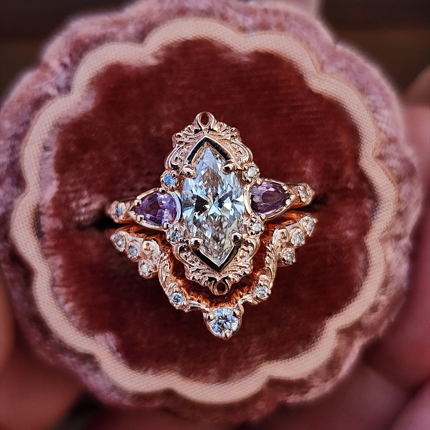 1.04ct Marquise Diamond Odette Engagement Ring Set with Pear Light Purple Sapphires - 14k Rose Gold image 6