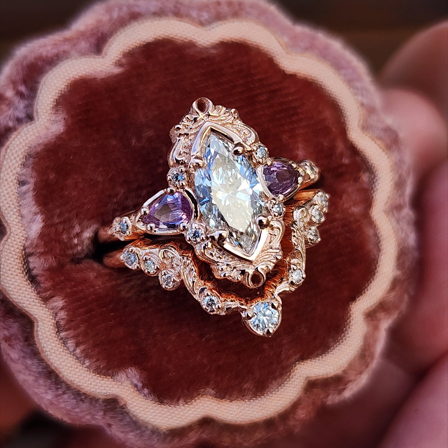 1.04ct Marquise Diamond Odette Engagement Ring Set with Pear Light Purple Sapphires - 14k Rose Gold image 3