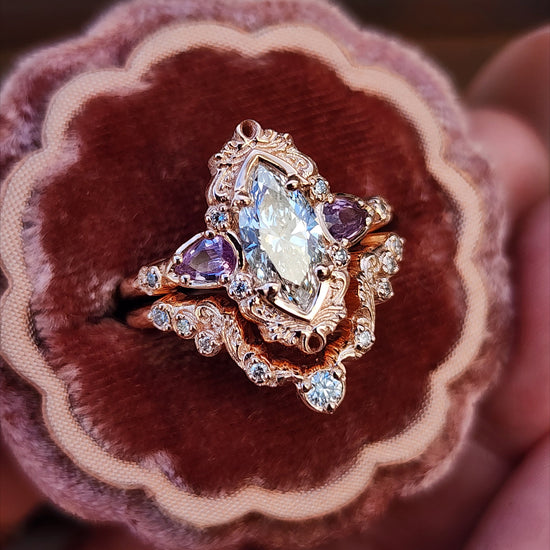 1.04ct Marquise Diamond Odette Engagement Ring Set with Pear Light Purple Sapphires - 14k Rose Gold image 3