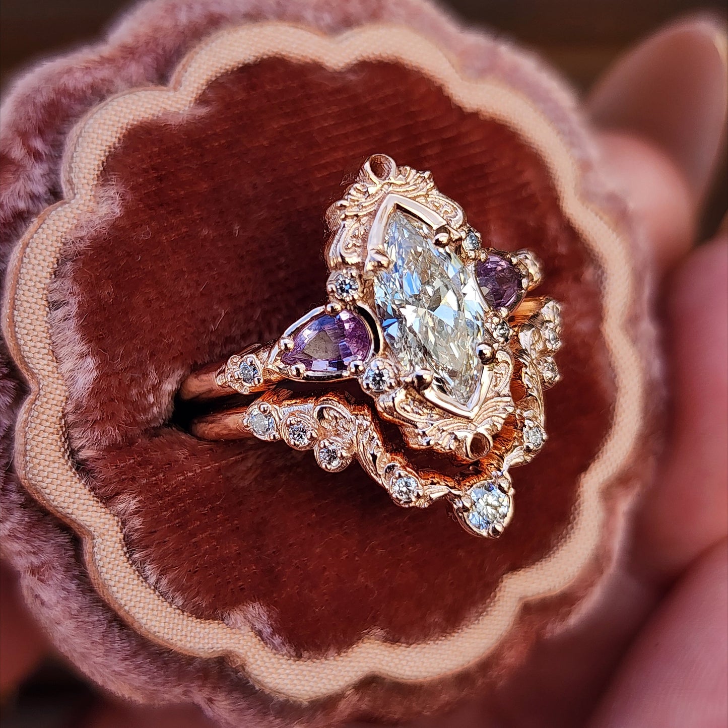 1.04ct Marquise Diamond Odette Engagement Ring Set with Pear Light Purple Sapphires - 14k Rose Gold image 4