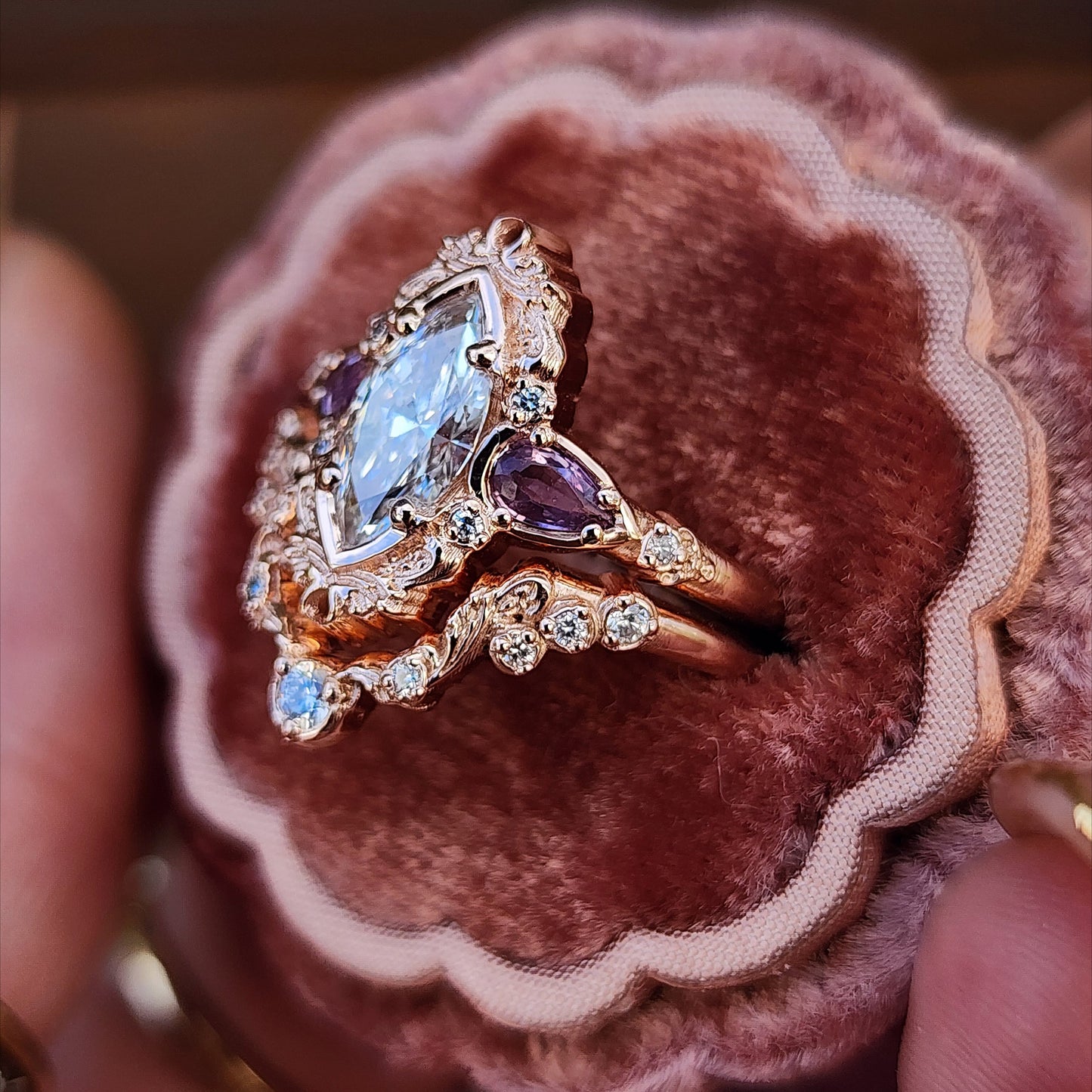 1.04ct Marquise Diamond Odette Engagement Ring Set with Pear Light Purple Sapphires - 14k Rose Gold image 5