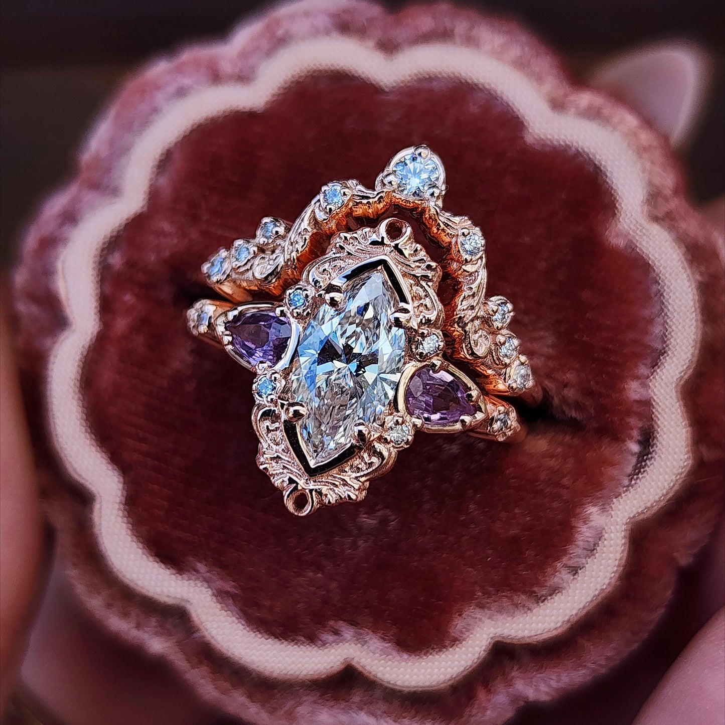 1.04ct Marquise Diamond Odette Engagement Ring Set with Pear Light Purple Sapphires - 14k Rose Gold image 7