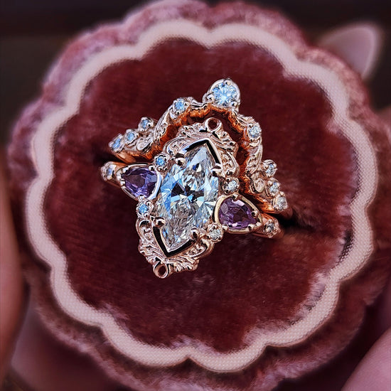 1.04ct Marquise Diamond Odette Engagement Ring Set with Pear Light Purple Sapphires - 14k Rose Gold image 7