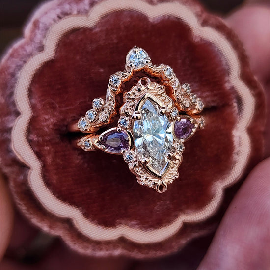 1.04ct Marquise Diamond Odette Engagement Ring Set with Pear Light Purple Sapphires - 14k Rose Gold image 8