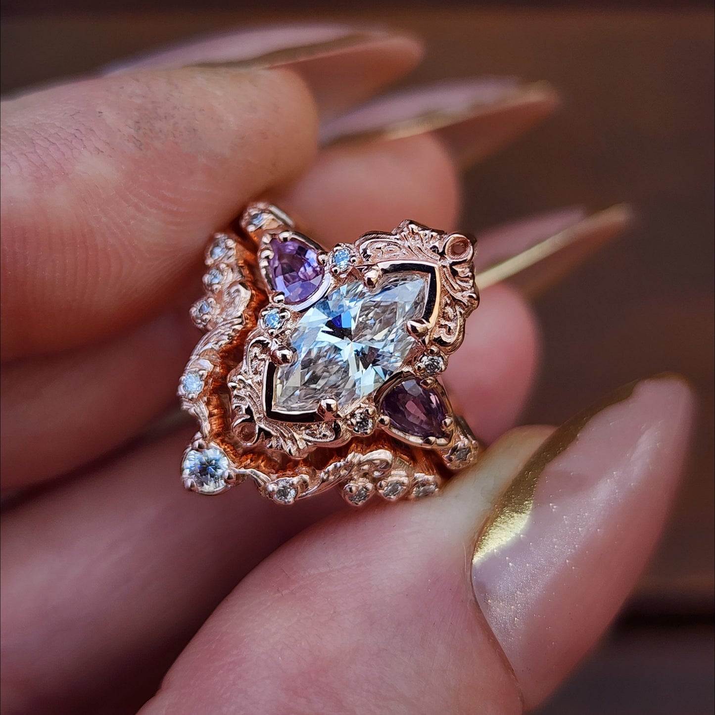 1.04ct Marquise Diamond Odette Engagement Ring Set with Pear Light Purple Sapphires - 14k Rose Gold image 1