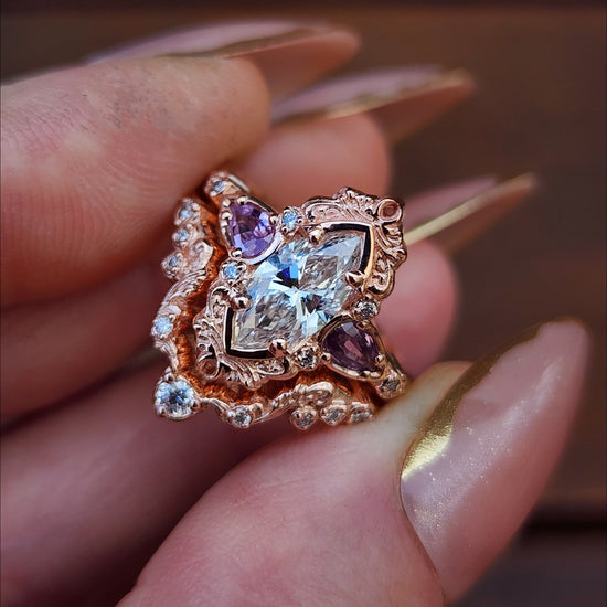 1.04ct Marquise Diamond Odette Engagement Ring Set with Pear Light Purple Sapphires - 14k Rose Gold image 1