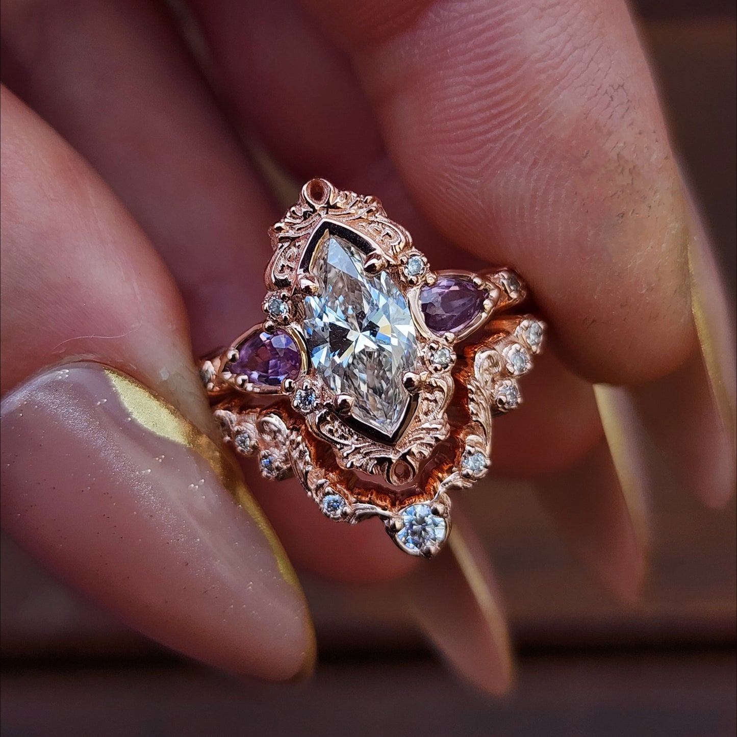 1.04ct Marquise Diamond Odette Engagement Ring Set with Pear Light Purple Sapphires - 14k Rose Gold image 9