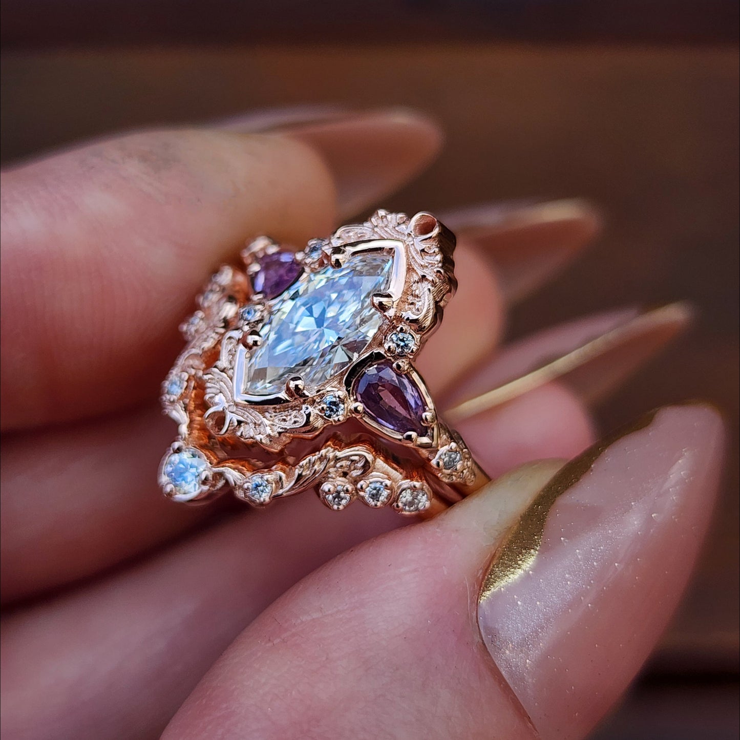 1.04ct Marquise Diamond Odette Engagement Ring Set with Pear Light Purple Sapphires - 14k Rose Gold image 10