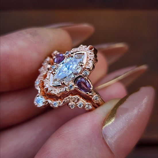 1.04ct Marquise Diamond Odette Engagement Ring Set with Pear Light Purple Sapphires - 14k Rose Gold image 10